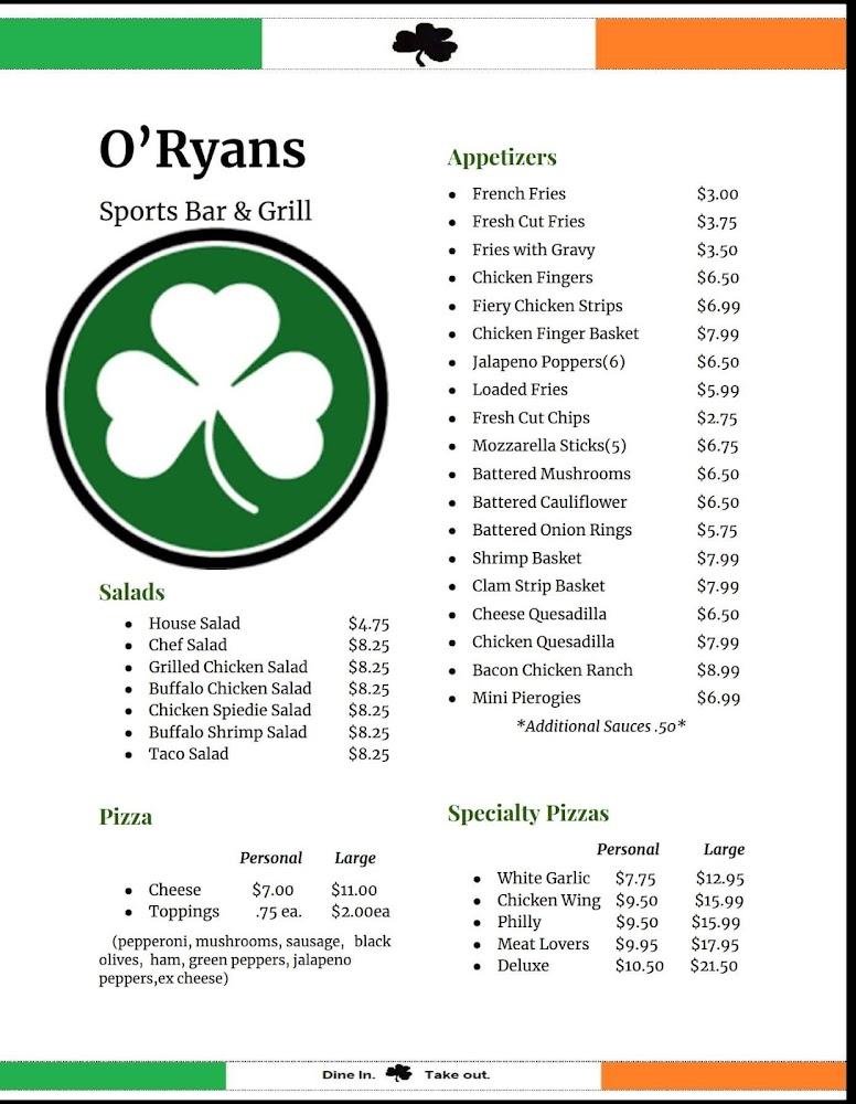 O'Ryans Sports Bar And Grill Menu image 3
